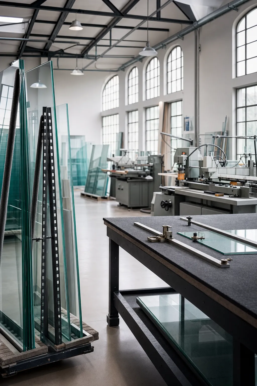 Artisan de l'atelier Vitralux façonnant une feuille de verre sur mesure au Luxembourg