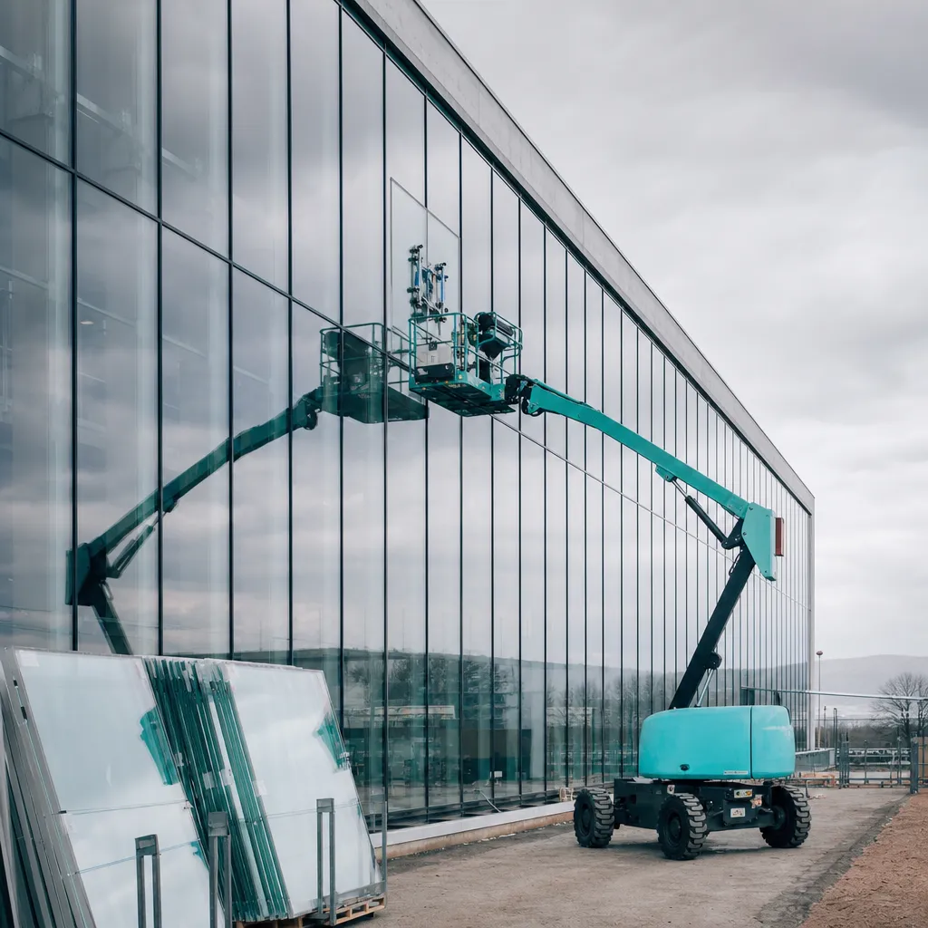 Façade vitrée d'un bâtiment industriel en cours de réparation — Vitralux Luxembourg