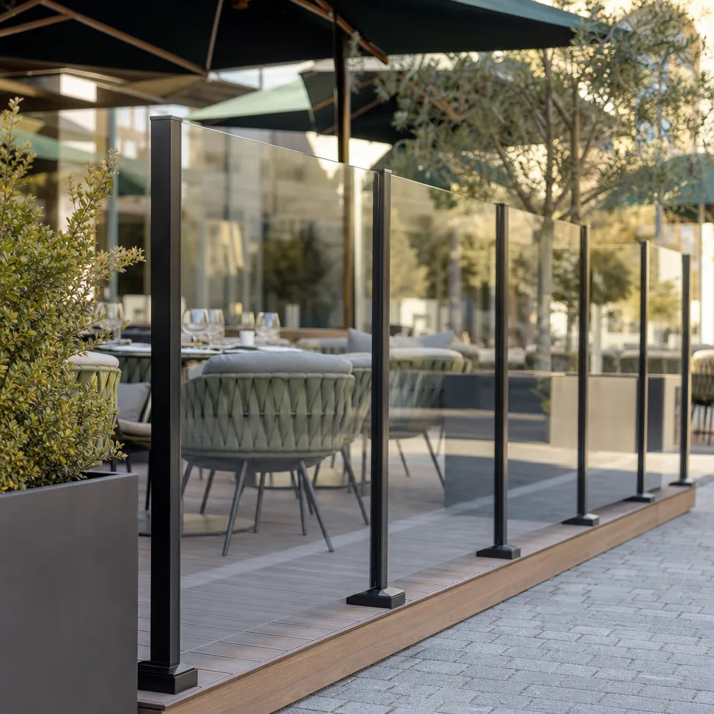 Paravent coupe-vent en verre trempé installé sur une terrasse de restaurant — Vitralux Luxembourg