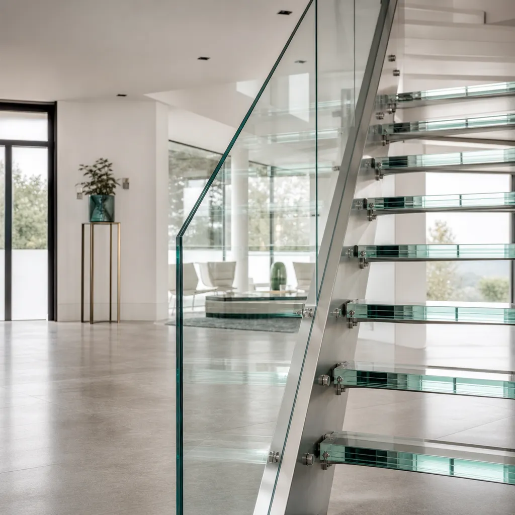 Escalier en marches de verre feuilleté remplacées par les artisans Vitralux — Luxembourg