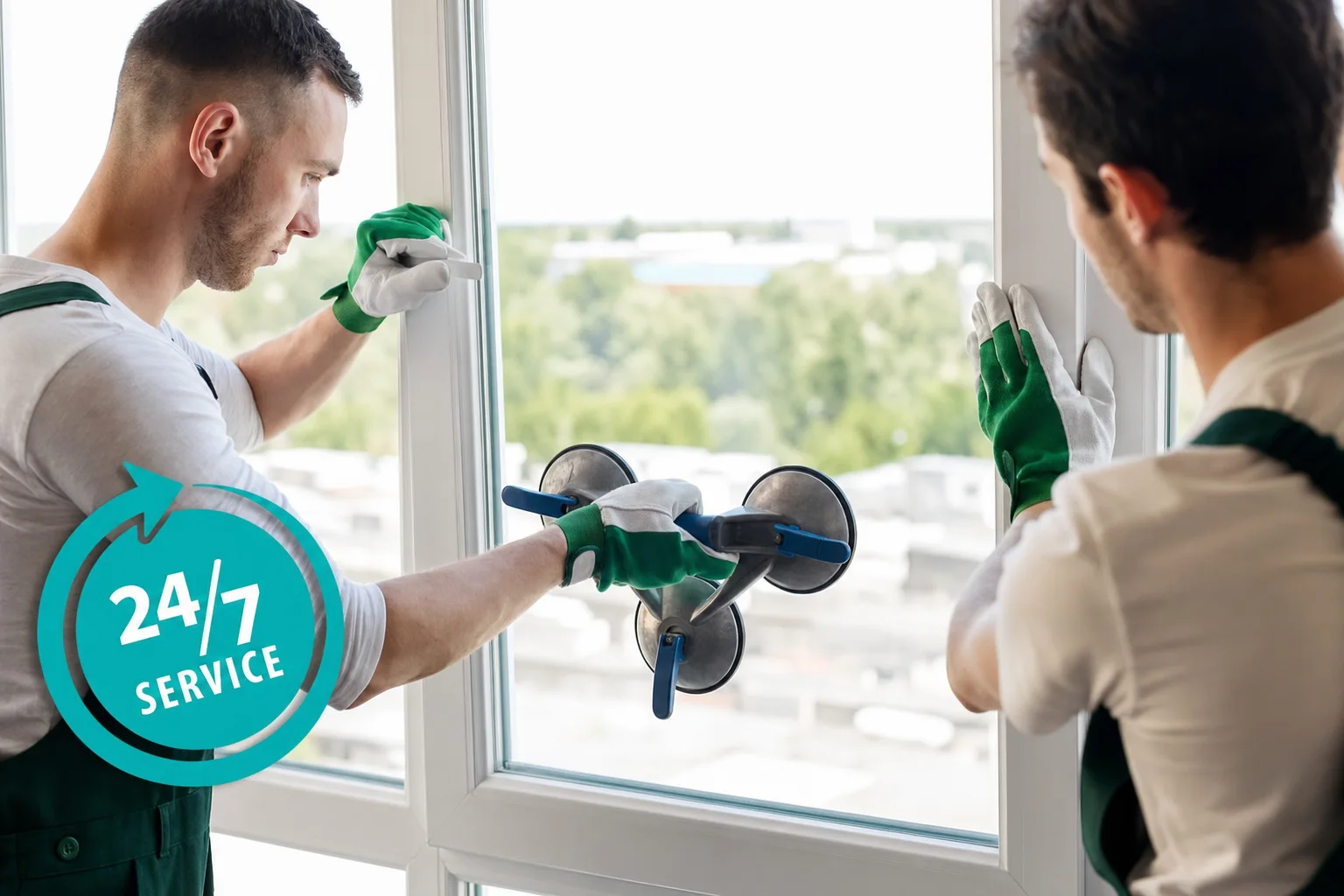 Deux vitriers Vitralux posant un vitrage de fenêtre à la ventouse double — service de dépannage 24h/24 et 7j/7 au Luxembourg