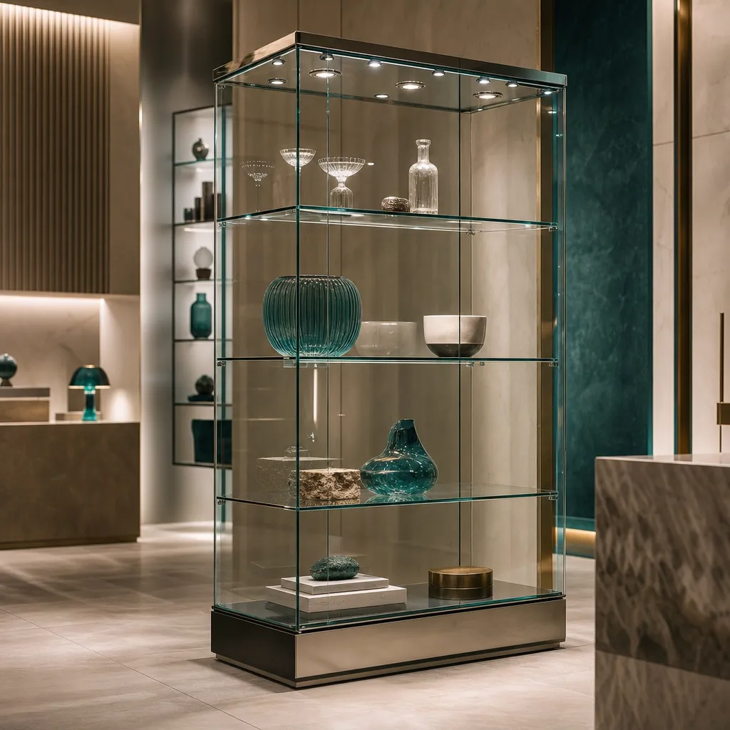 Présentoir en verre de boutique réparé et remonté par Vitralux — Luxembourg